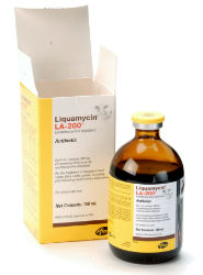 Zoetis Liquamycin® LA-200® Zoetis, Liquamycin®, LA-200®, Livestock, cattle, pig, supplies, Oxytetracycline, Injection, broad, spectrum, antibiotic, treatment, pinkeye, pneumonia, foot, rot, Ready, use, no mixing, refrigeration, special, handling, needed, dose, delivers, 3, days, sustained, therapy, Fewer, injections, less, labor, animal, stress, Beef, friendly, SQ, option, minimize, risk, carcass, blemish, Approved, lactating, dairy, cows.