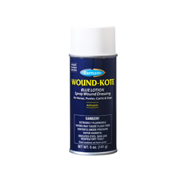 Farnam® Wound-Kote™ Farnam, Wound-Kote, wound, kote, coat, wound, care, health, Blue, Lotion, Spray, Dressing, quick, dry, penetrating, gall, lotion, covers, injury, aid, act, antiseptic, Effective, bacteria, infections, skin, lesions, horse, equine, cow, cattle, dog, canine, secondary, infection, minor, cuts, skin, abrasions, harness, saddle, sores, stock, livestock, supply, vet, pet, farm, water, proof, durvet