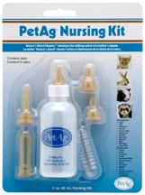 Pet Ag® Nursing Kit Pet, Ag®, Nursing, Kit,  2, oz., Bottles, durable, plastic, withstand, repeated, use, sterilization, Nipples, holes, custom, control, flow, formula, Graduated, aid, accurate, feeding, kit, four, extra, nipples, cleaning, brush, Designed, vets, veterinarians, natural, feeding, action