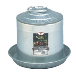 Little Giant® Galvanized Fountain Waterers Little Giant®, Galvanized, Fountain, Waterers, heavy-duty, standalone, waterer, chickens, turkeys, poultry, Double-wall, construction, inner, tube, strong, arched, handle, carrying, filled, fount, outer, tube, convenience, copper, spring, neoprene, seal, vacuum, maintain, constant, water, level, drinking, pan, locking, pin, Sloped, top, prevents, roosting, heavy-gauge, galvanized, steel, rolled, edges, safety, Seams, constructed, tested, prevent, leaks, founts, use, winter, heater, base, Electric, Heater, Base, ,hanging, water; ground, floor, 2, Gal, 12.25", diameter, 10.75", high  3, 12.25", 15", 5, 15.25", 15.25", 8, 15.25", 22"