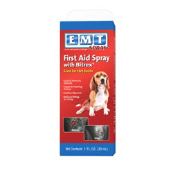 EMT® Spray EMT, Spray, Hydrolysate, Collagen, Bitrex, First, Aid, Dog, canine, puppy, soothe, seal, protect, wound, care, heal, fast, quick, cut, abrasion, burn, injured, foot, pad, hot, spots, hot-spot, surgical, stop, bleed, blood, pain, itch, biting, lick, flesh, skin, coat, animal, natural, patented, hydrolysate, bitter, taste, substance, deter, scrape, delicate, sting, scaffolding, new, cell, growth, scar, home, field, Safe, no, med, topical, cure, treat, vet, supply, supplies, rapid, effective