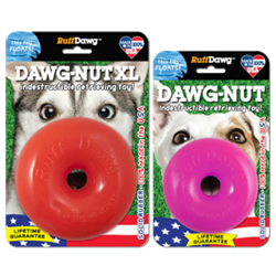 Ruff Dawg™ Dawg-Nut Toy Dawg-Nut, Rubber, retrieving, toy, floats, bounces, indestructible, 3.5, inch, diam, small, medium, 40, lbs, XL, 4.5, inch, diam, medium, large, dogs, Donut-shaped, Lifetime, Guarantee, 100%, USA, premium, FDA-approved, solid, crazy-bouncing, floats, water, fetching, pool, lake, beach, Assorted, bright, neon, colors, high, visibility, lost, grass, pool, Gentle, teeth, gums, springy, texture, bite, strung, rope, throwing, distance, super-tough, tug, teething, puppies, Weatherproof, washable, sog-free, damages, covered, replacement, guarantee