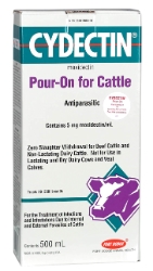 Cydectin® Pour-On Cydectin®, Pour-On, Ready, use, topical, formulation, control, roundworms, lungworms, grubs, lice mites, cattle, cow, calf, bull, steer, provides, 7, day, persistent, activity, against, horn, flies, slaughter, milk, withdrawal, veal, calves, Apply, 1, ml, 22, lbs, lb, pounds, pound, body, weight, top, back, withers, tail, head, Convenient, dosage, chamber, proper, application, rate, Efficacy, affected, rainfall