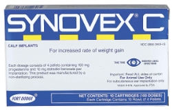 Synovex® C Synovex® C ,Calf, implants, designed, increase, feed, efficiency, rate, weight,  gain, average, daily, adg, beef, cattle, cow, steer, bull, heifer, production, tools, important, producers, economic, climate, growth, implants, Independent, research, demonstrated, management, practices, higher, return, investment, programmed, use, growth-enhancing, implants, 100, mg, progesterone, 10, mg, estradiol, use, suckling, beef, calves, 45, days, older, Not, approved, veal