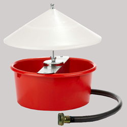 Little Giant® Automatic Poultry Waterer with Cover Little, Giant®, Automatic, Poultry, Waterer, Cover, birds, new, design, 0.75, inch, hose, attaches, standard, garden, hose, continuous, flow, fresh, water, flock, float, controls, water, level, no, spilling, overflow, Oversized, cover, extends, beyond, edge, bowl, prevent, roosting, keep, debris, out, Easy, assemble, clean, Bowl, high, density, polyethylene, white, metal, bracket,  adult, birds, baby, chicks, Measures, 14, long, 12.75, wide, 10.5, high, inch, in,  holds, 5, quarts.