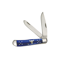 American Buffalo® Trapper Series Blue Ox American, Buffalo, Trapper, Series, Blue, Ox, original, Cattleman, Series, Classic, traditional, knife, western, design, components, durable, hard, 440, steel, blades, hearty, enough, any, job, classy, pull, out, sale, barn, 440, stainless, steel, blades, Cattleman’s, stamped, mirror, polished, shield, recessed, delrin, handles, Laser, marks, front, back, side, main, blade, 4.1865”, closed