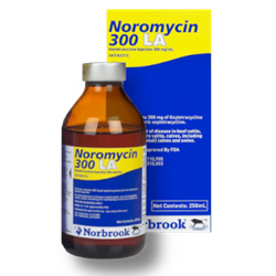 Norbrook® Noromycin 300 LA 250 mL Norbrook®, Noromycin, 300, LA, 250mL broad-spectrum, antibiotic, 300, mg, oxytetracycline, per, ml, Indicated, treatment, pneumonia, shipping, fever, pinkeye, wounds, infections, foot-rot, scours, caused, E. coli, recommended, use, beef, cattle, non-lactating, dairy, calves, swine, dosage, 3, ml, per, 100 lbs, SQ, deep, IM
