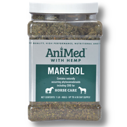 Animed® AniProfen Animed®, Maredol, Hemp, proprietary, blend, hulls, rasberry, leaves, chasteberry, extract, Vitamin, B6, formulated, help, maintain, mare, mare's, normal, hormone, levels, emotional, balance. 1, lb, lbs, pound, pounds, feeds, 55, day, supply, Contains, naturally, occurring, phytocannabinoids, CBD, horse, care