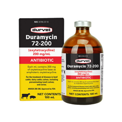 Durvet® Duramycin 72-200 - 100mL Durvet®, Duramycin, 72-200, Livestock, LA-200, antibiotic, injectible, oxytetracyline, cattle, swine, sterile, ready-to-use, solution, containing, 200, mg, ml, broad, spectrum, Effective, against, wide, range, gram-positive, gram-negative, bacteria, beef, cattle, dairy, calves, pre-ruminating, veal, swine, approved, lactating, dairy, cattle, Treats, respiratory, diseases, pinkeye, scours, bacterial, infections