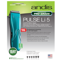 Andis® Clipper Cordless Pulse Li5 Andis®, Clipper, Cordless, Pulse, Li5, Clipper, Touch-ups, dogs, cats, horses,  tidying, face, feet, finishing, hair, types, full, body, grooming, small, medium, size, breeds,. trimming, ears, muzzle, bridle, path, fetlocks, horses, 5, cutting, lengths, blade, adjusts, 40, 9, blade, snaps, off, quick, easy, cleaning, Rotary, Motor, 100, 240, V, 50, 60, Hz, MAX, 5500, SPM