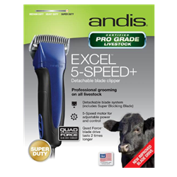 Andis® Clipper Excel 5 Speed with Super Blocking Blade Andis®, Clipper, Excel, 5, Speed, Super, Blocking, Blade, Equine, livestock, grooming, unique, solution, cool-running, low, speed, clipping, high, speed, faster, results, lower, speeds, cooler, running, clipping, sensitive, areas, higher, speeds, prettier, coat, finish, Rubber, anti-slip, housing, Detachable, blades, change, clean, easily, 10%, faster, AGC®, Super, 2-Speed, Rotary, Motor, 120V, 60Hz, MAX, 4500, SPM