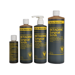 Betadine® Surgical Scrub Veterinary (Povidone-iodine, 7.5%) Betadine, Scrub, Solution, Veterinary, povidone, iodine, 7.5%, 5, 16, 32, vet, supply, pre, op, operative, prepping, skin, mucous, membranes, prevents, bacteria, bacterial, infection, emergency, antisepsis,  lacerations, abrasions, burns, post, surgical, incisions, surgery, companion, animals, multi, species, dogs, cats, horse, equine, canine, feline
