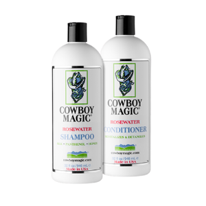 Straight Arrow® Cowboy Magic Rosewater Shampoo & Conditioner Cowboy, Magic, Rosewater, Shampoo, Conditioner, instant, fast, break, down, dirt, damage, hair, panthenol, silk, protein, hair, deep, condition, skin, prevent, dryness, shine, molecules, small, amount, easy, rinse, pet, livestock, stock, horse, equine, supply