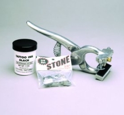 Stone® Standard 3/8" Tattoo Outfit Stone®, Standard, 3/8", Tattoo, Outfit, holds, four, digits, Positive, ear, release, lifts, ear, off, needles, prevents, scratched, tattoos, Strong, lightweight, aluminum, alloy, pliers, Easy, change, upside, down, Outfit, includes, pliers, set, 3/8", digits, 0-9, 3, oz, jar, ink