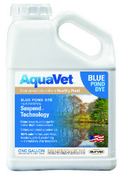 AquaVet® Blue Pond Dye AquaVet® Blue Pond Dye, Durvet, pond management, Made in the USA,  SUSPEND™ TECHNOLOGY, pond bluing, blue depth enhancing, pond depth protection
