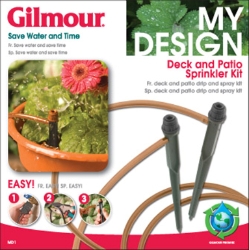 Gilmour® Deck and Patio Sprinkler Kit Gilmour®, Deck, Patio, Sprinkler, Kit, Plants, water, waste, money, My, Design, three, steps, attach, hose, valve, faucet, roll, out, watered, Parts, reusable, 30, ft, ¼”, 6, adjustable, 5, T, connectors, back, flow, connector, flow, restrictors, containers, cverage, range, one, gallon, 10, gallons, per, minute