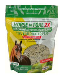 Durvet® - HORSE to FOAL 2X HORSE to FOAL 2X Safe-Guard (fenbendazole) 1.0%, Durvet, Equine Health Care, horse wormers, Safe-Guard, fenbendazole 1.0%, Type B medicated horse feed, equine dewormer, easy horse wormer, one-day treatment horse wormer, hard-to-paste horses, weanlings, yearlings, large strongyles, small strongyles, pinworms, ascarids,  Apple flavored dewormer, Strongylus edentatus, S. equinus, S. vulgaris, Triodontophorus spp., Cyathostomum spp., Cylicocyclusspp., Cylicostephanus spp., Oxyurisequi, Parascaris equorum