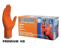 Gloveworks® Heavy Duty Orange Nitrile gloves Gloveworks®, Heavy, Duty, Orange, Nitrile, gloves, AMMEX, Home, Garden, Gloves, Mens, raised, diamond, texture, grip, high, visibility, disposable, 7, mil, glove, durable, 10, mil, chemical, resistant, powder, free, automotive, manufacturing, janitorial, plumbing, paint, shop, heavy, duty, polymer, coated